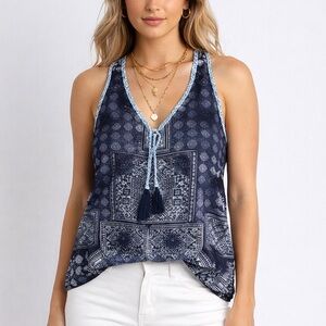 Soft Boho blue tile print soft grunge tank top festival beach resortwear size M